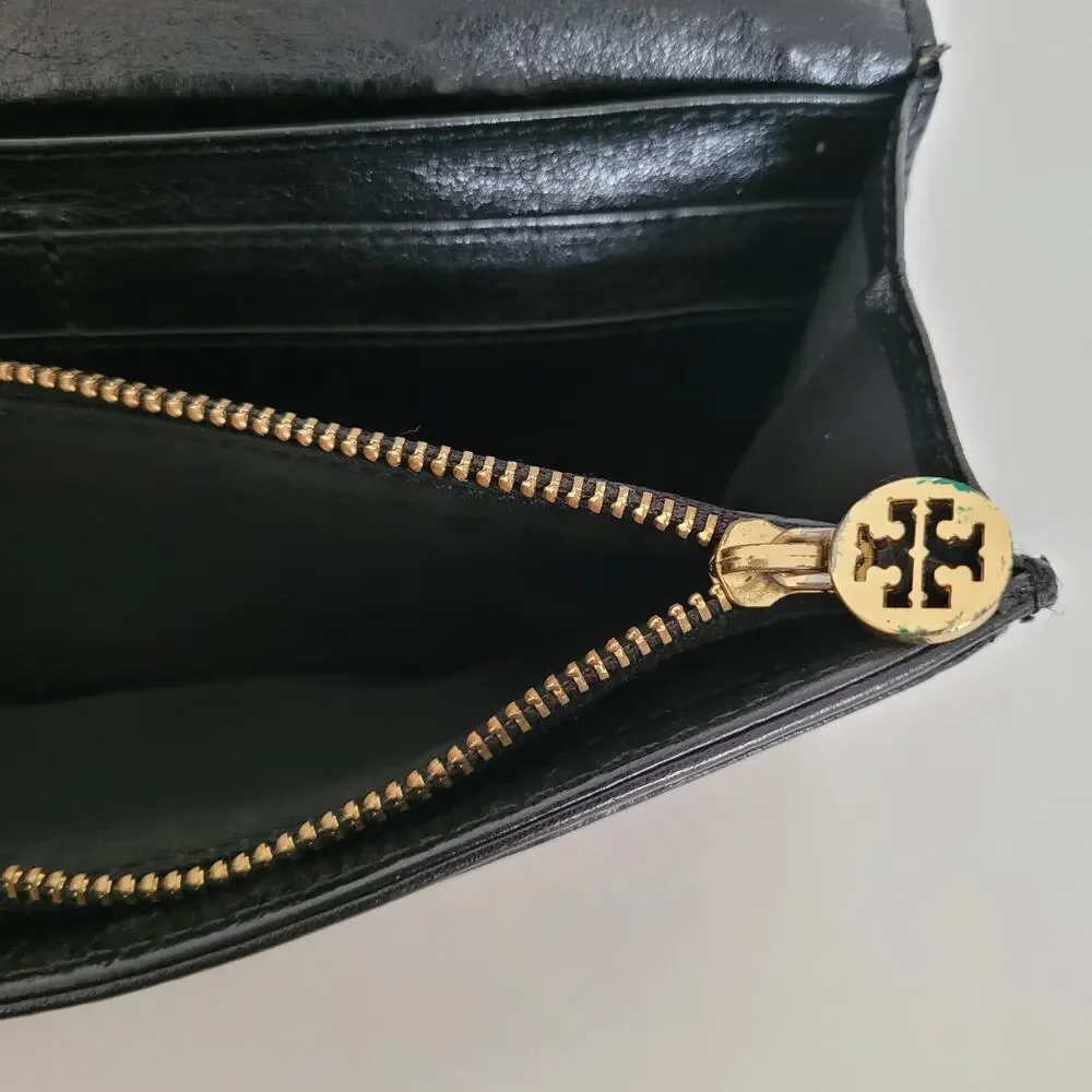 Tory Burch Solid Black Cowhide Leather‎ Enveloe Large Wallet Long Clutch